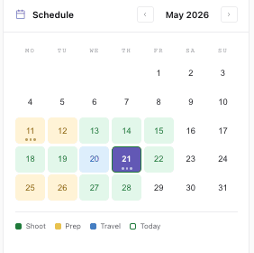 SceneItAll dashboard production calendar for May 2026